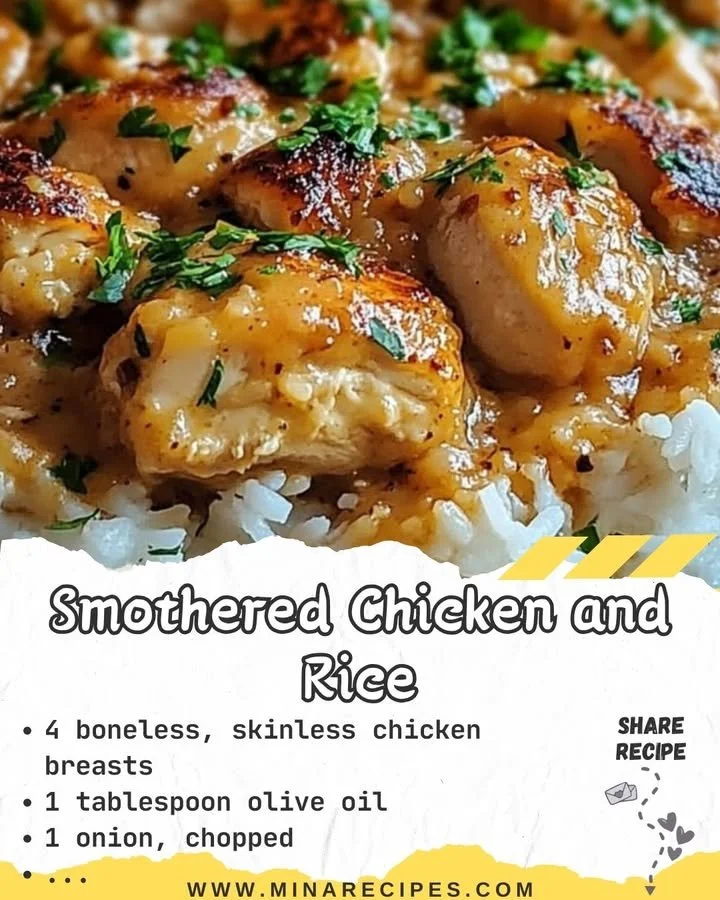 Plate of smothered chicken served with rice and gravy