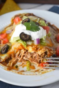 Delicious smothered chicken burritos topped with cheese and sauce