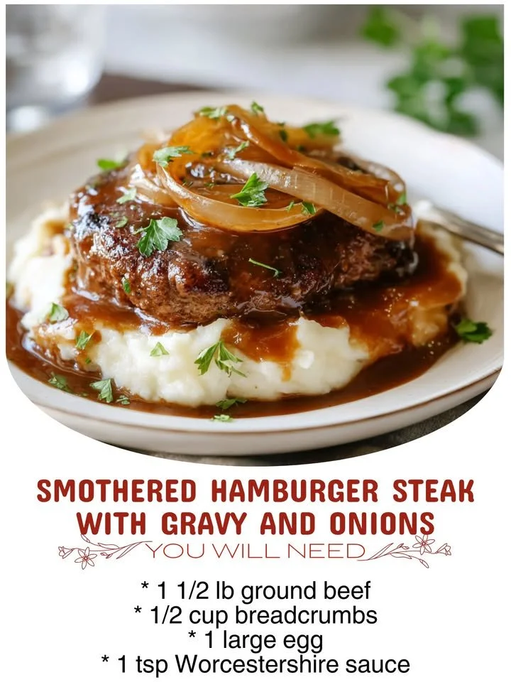 Delicious smothered hamburger steak with gravy and onions served on a plate