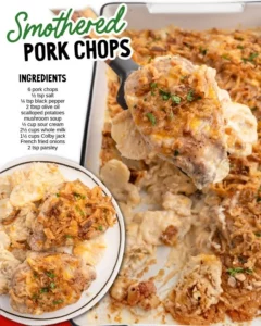 Delicious smothered pork chops served with gravy and vegetables