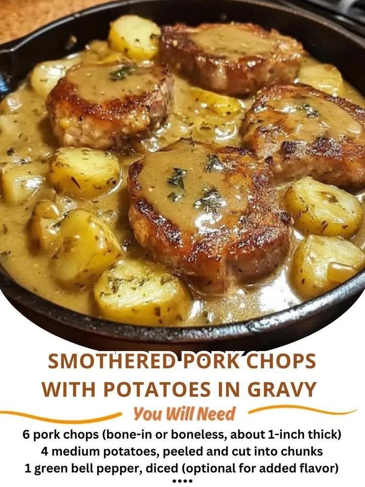 Smothered pork chops served with potatoes and gravy in a cozy meal setting.