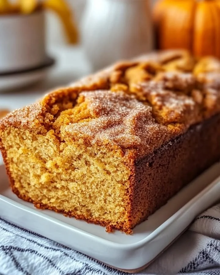 Loaf of snickerdoodle pumpkin bread with cinnamon sugar topping