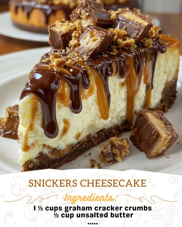 Delicious Snickers Cheesecake topped with chocolate and caramel sauce