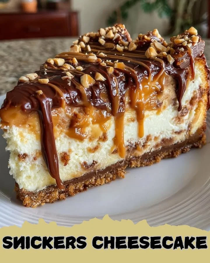 Deliciously decadent Snickers Cheesecake topped with chocolate and caramel.