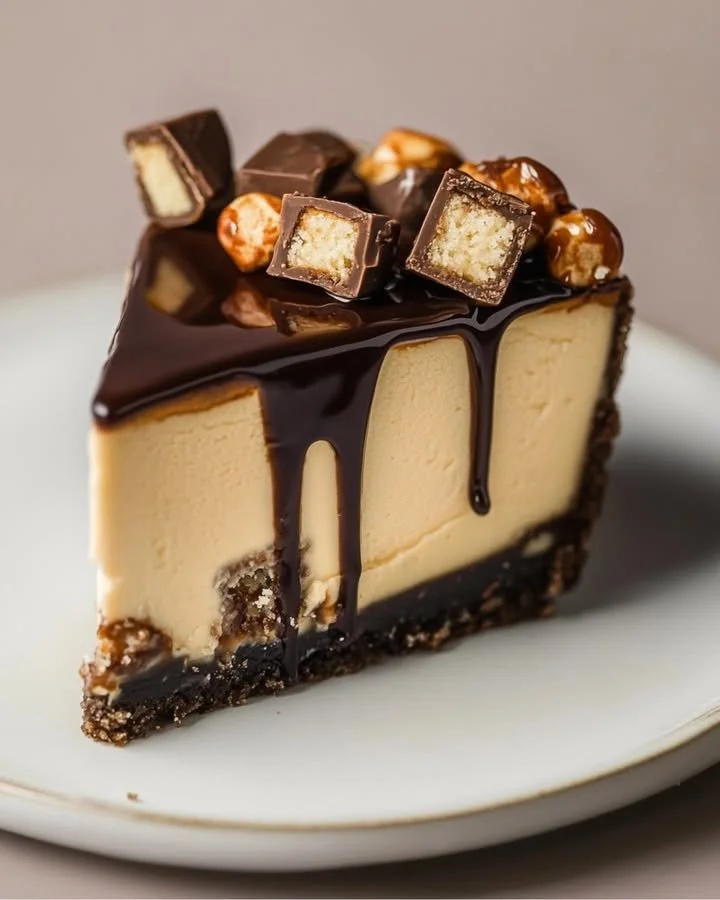 Homemade Snickers cheesecake topped with chocolate and caramel sauce.