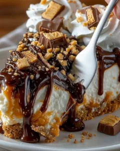 Delicious homemade Snickers Pie topped with chocolate and peanuts