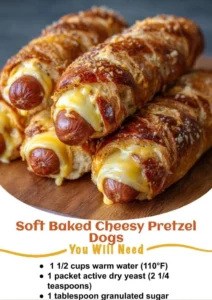 Soft Baked Cheesy Pretzel Dogs topped with melted cheese and pretzel crust.