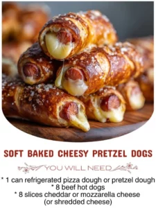 Soft baked cheesy pretzel dogs with melty cheese in a pretzel bun.
