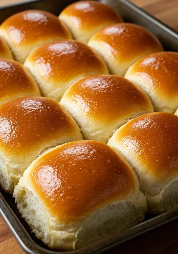 Golden soft buttermilk rolls fresh out of the oven, showcasing light texture and golden crust.