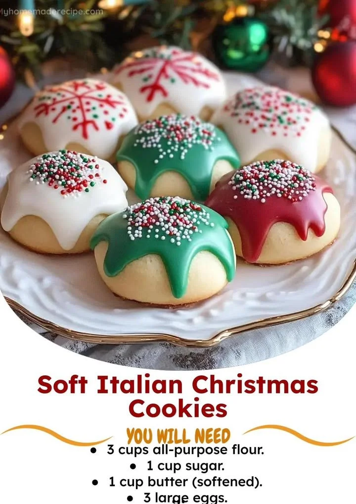 Plate of soft Italian Christmas cookies decorated with colorful sprinkles
