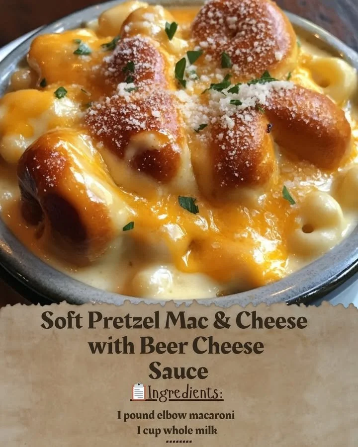 Delicious Soft Pretzel Mac & Cheese topped with Beer Cheese Sauce
