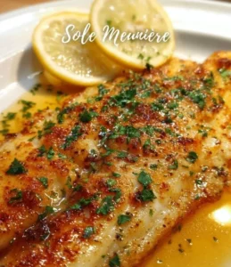 Delicious Sole Meunière dish with buttery sole fillets on a plate.