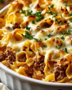 Delicious sour cream beef noodle casserole ready to serve.