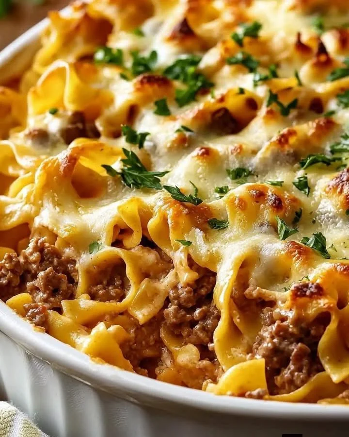 Delicious sour cream beef noodle casserole ready to serve.