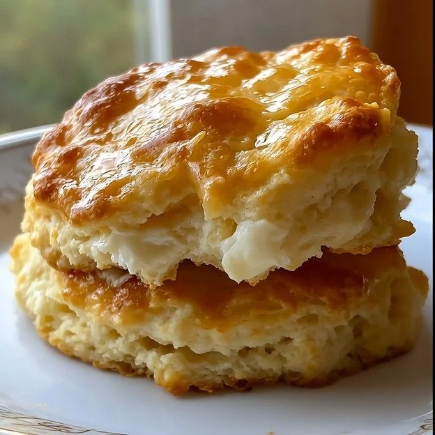 Fluffy sour cream biscuits on a rustic wooden table.