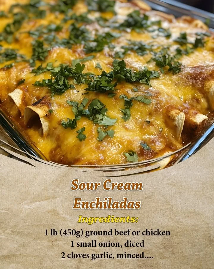 Delicious sour cream enchiladas topped with cheese and fresh ingredients