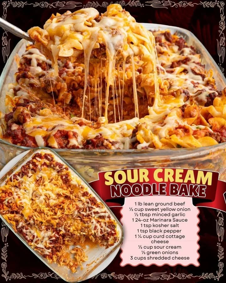 Sour cream noodle bake with cheese and noodles in a baking dish.