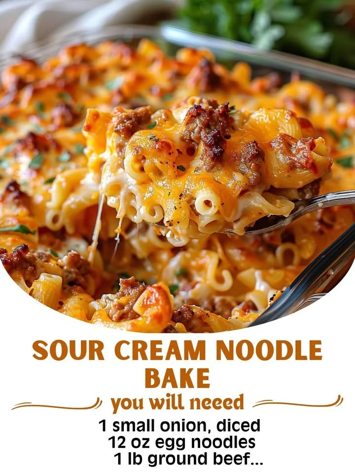Delicious sour cream noodle bake with pasta and cheese, perfect for family meals