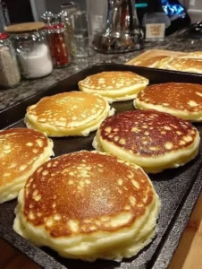 Delicious sourdough pancakes stacked on a plate with syrup