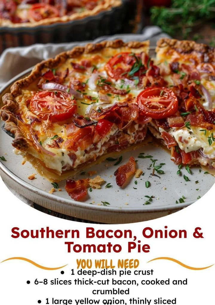 Delicious Southern Bacon Onion Tomato Pie with crispy crust and fresh ingredients.