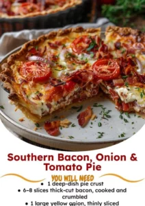 Delicious Southern Bacon, Onion & Tomato Pie ready to serve.