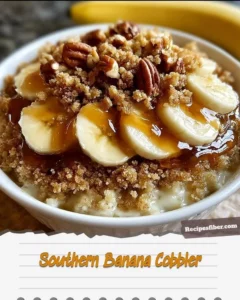 Delicious Southern banana cobbler topped with golden brown crust