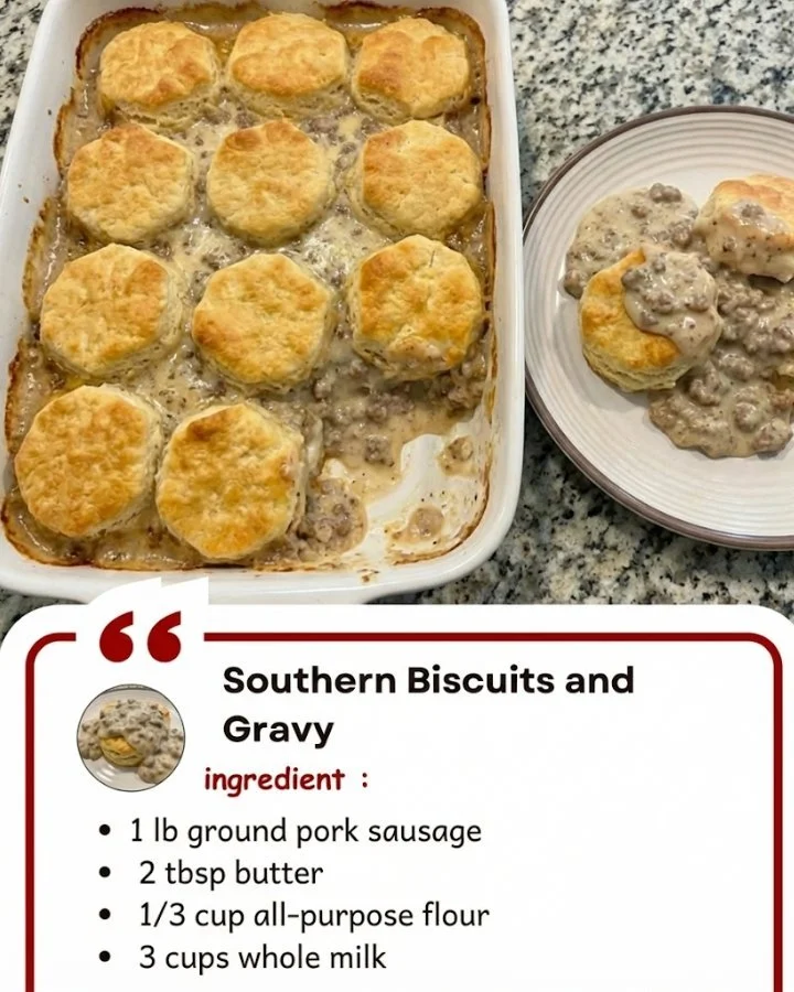 Southern biscuits and gravy served with sausage and fresh herbs