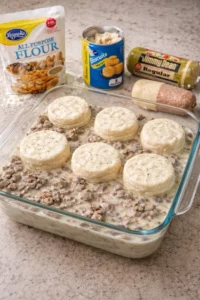 Southern Biscuits and Gravy Casserole topped with creamy sausage gravy