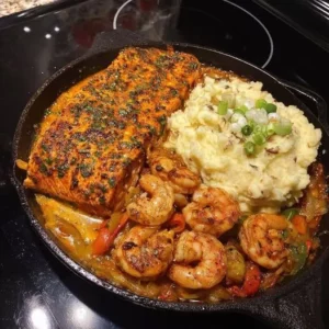 Southern blackened salmon and shrimp skillet served with creamy mashed potatoes