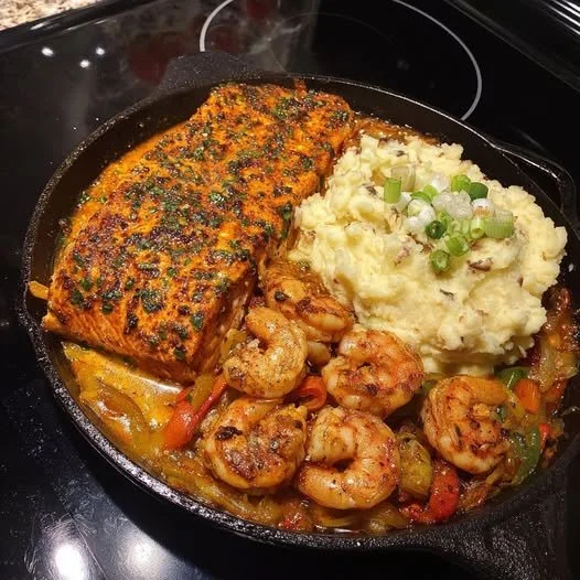 Southern Blackened Salmon & Shrimp Skillet with Creamy Mashed Potatoes
