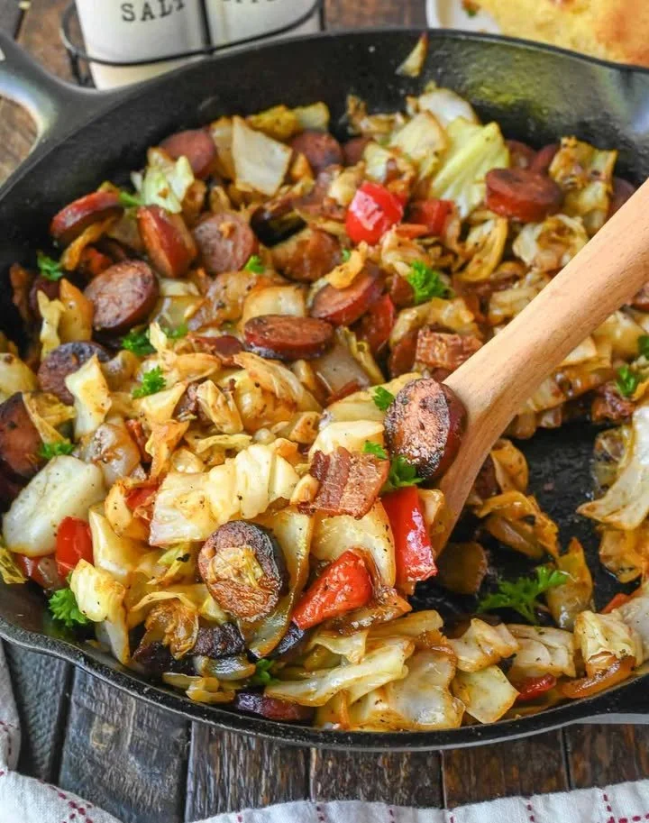 Southern Fried Cabbage and Sausage dish served on a plate