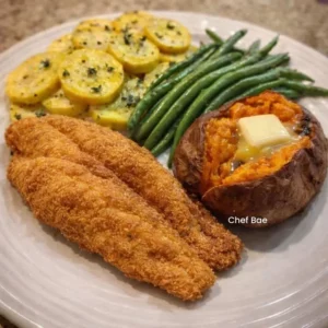 Delicious southern fried catfish plate served with sides