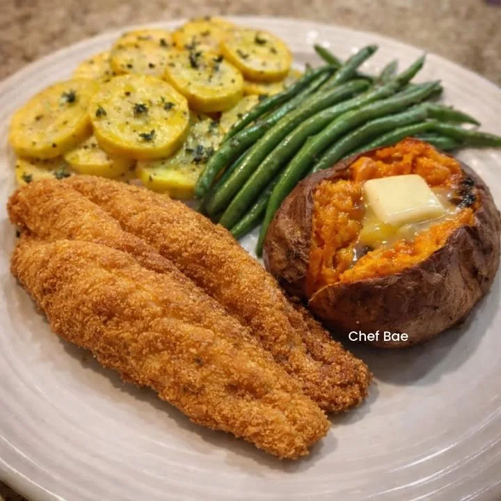 Delicious southern fried catfish plate served with sides