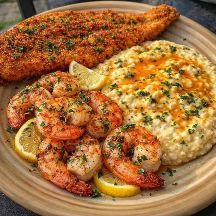 Southern Fried Catfish served with Cajun shrimp and cheesy grits