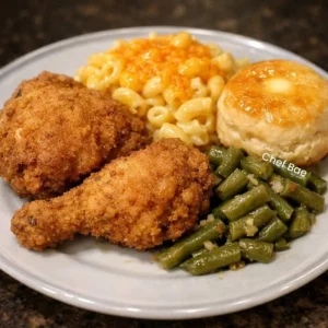 Delicious Southern Fried Chicken plate with baked mac & cheese and green beans