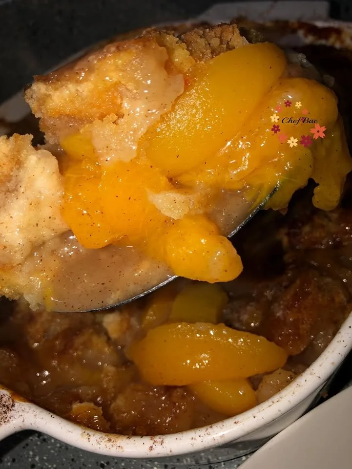 Delicious Southern peach cobbler served in a dish