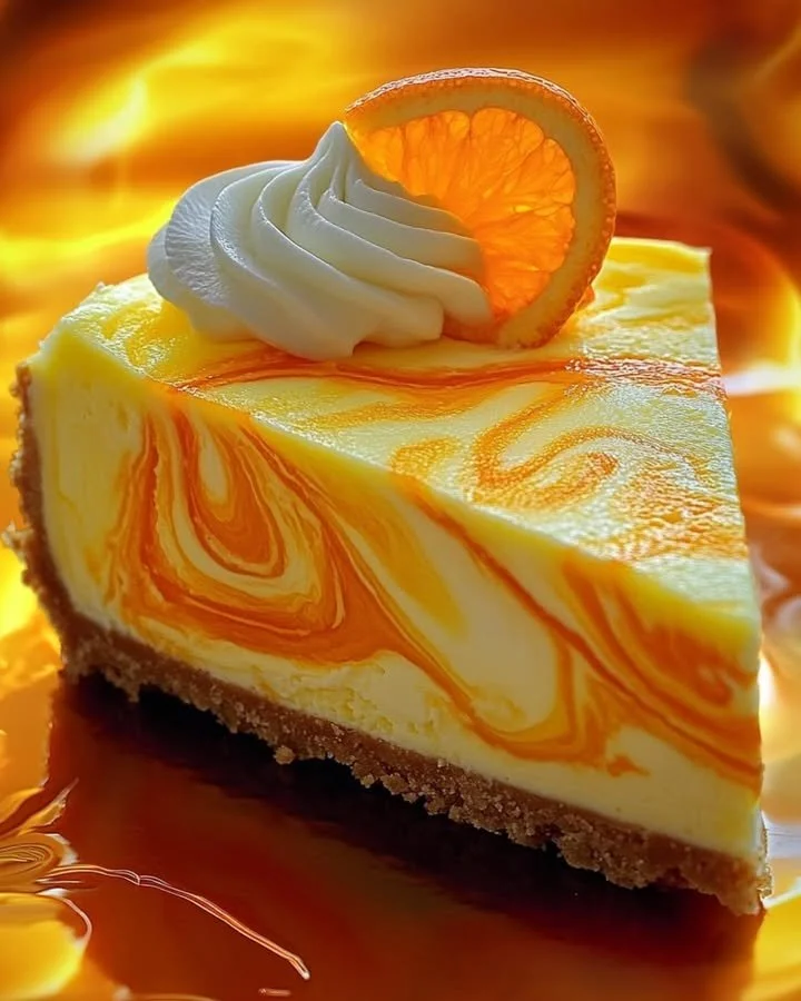 Slice of Southern Pineapple Orange Swirl Cheesecake with tropical fruit garnish