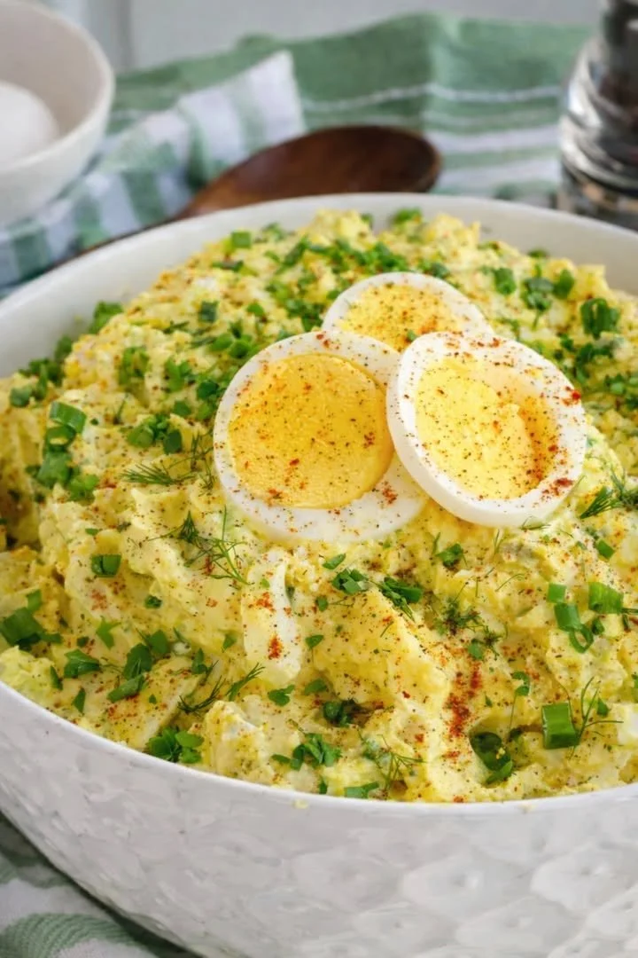 Southern Potato Salad served in a bowl, garnished with herbs and eggs.