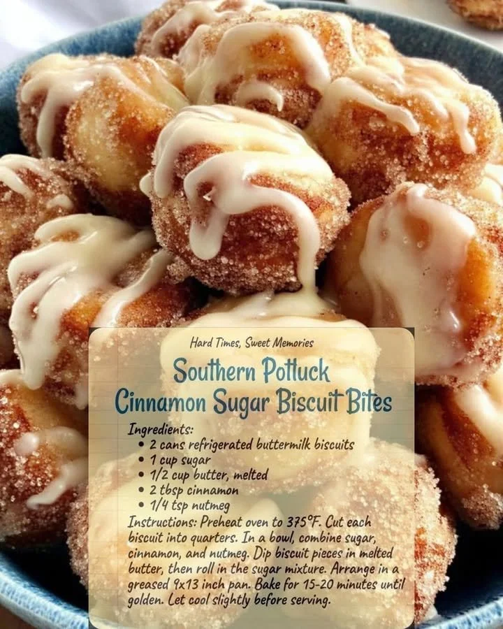 A plate of Southern potluck cinnamon sugar biscuit bites dusted with cinnamon sugar