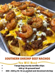 Southern shrimp nachos with beef, cheese, and fresh toppings