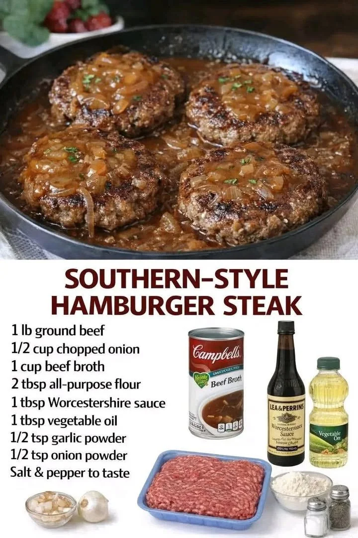 Delicious Southern-style hamburger steak served with gravy and sides.