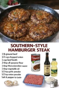 Southern-style hamburger steak served with savory gravy and sides