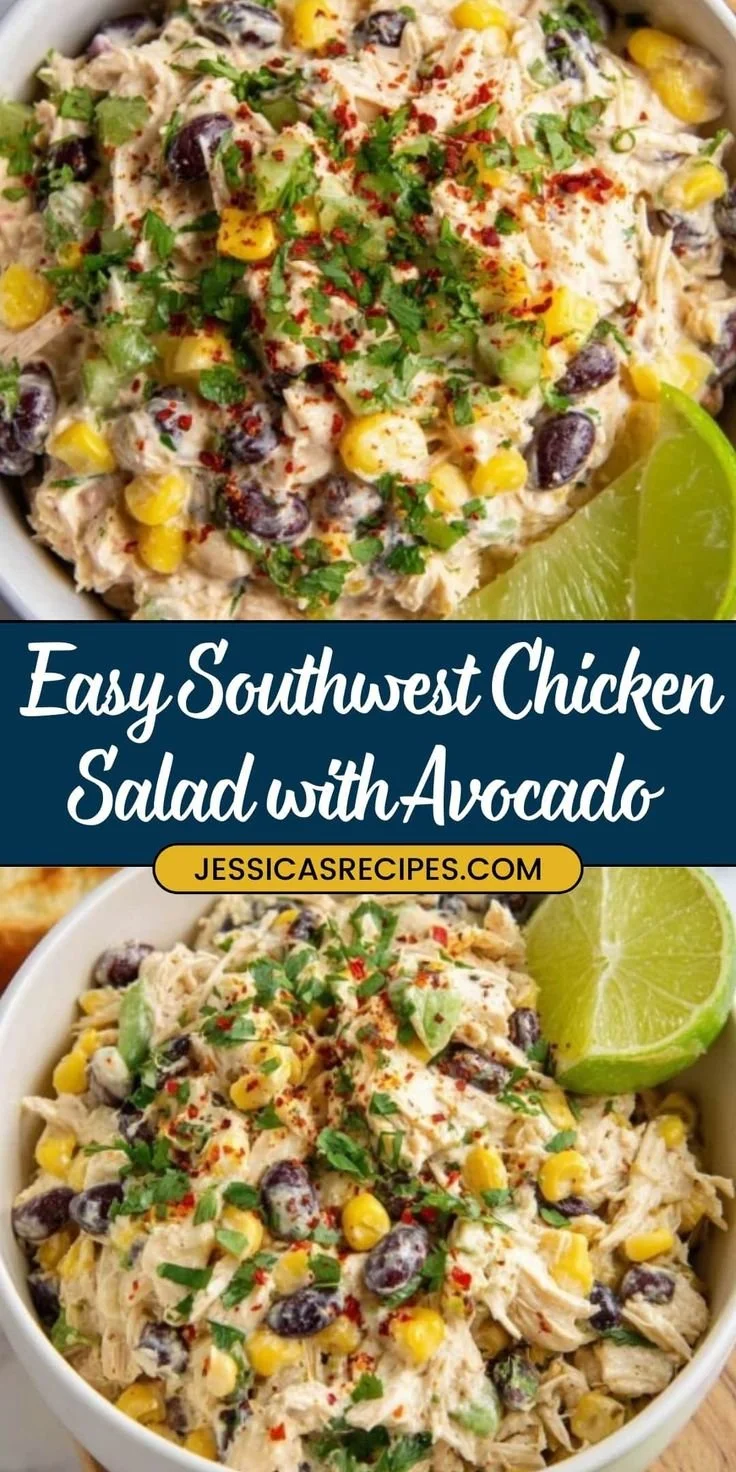 Delicious Southwest chicken salad topped with fresh ingredients and a zesty dressing