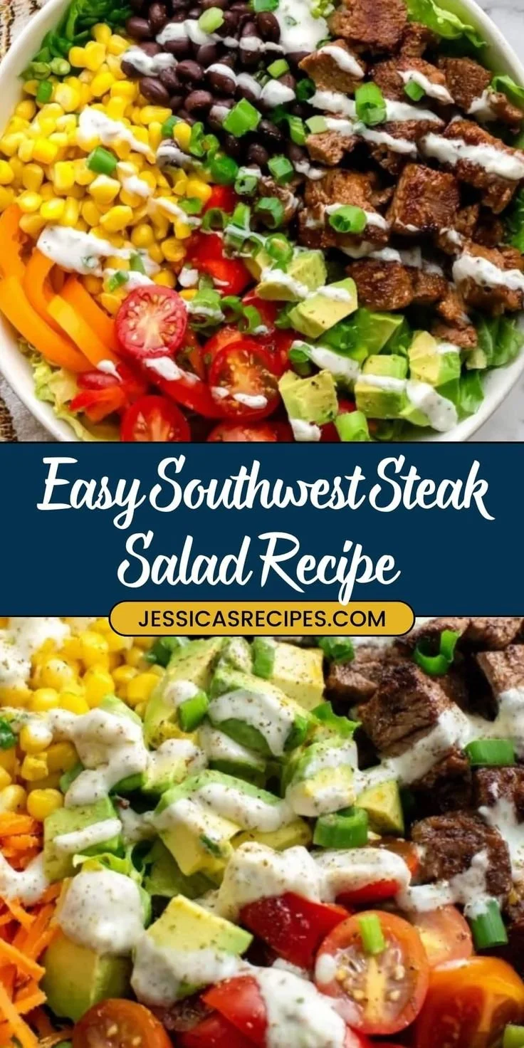Southwest steak salad topped with chili lime chicken and fresh ingredients