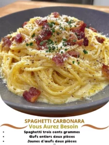 Delicious plate of Spaghetti Carbonara garnished with parsley and cheese.