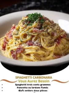 Delicious Spaghetti Carbonara topped with cheese and pancetta