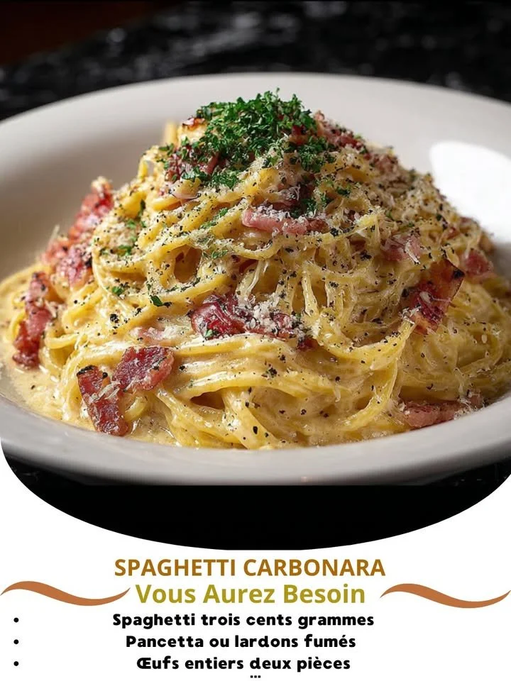Delicious Spaghetti Carbonara topped with cheese and pancetta