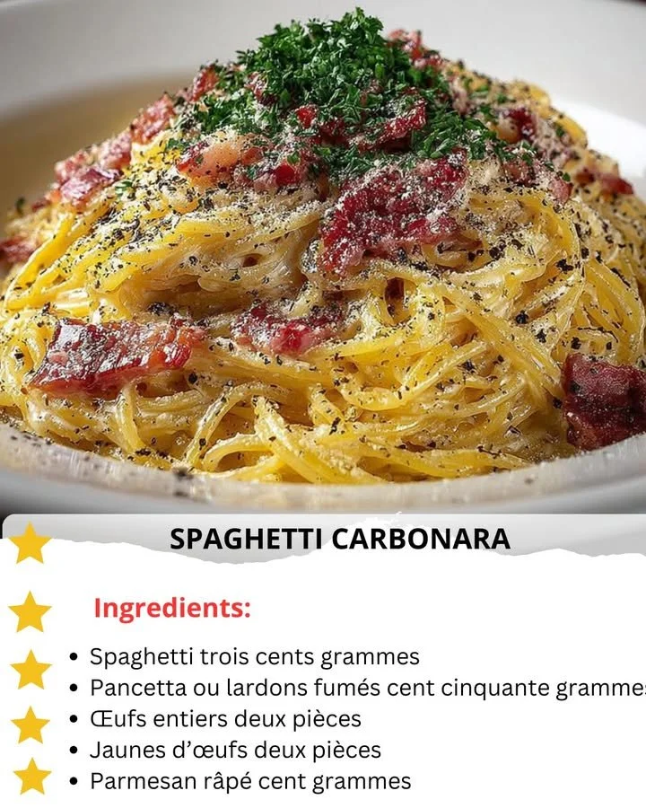 Delicious plate of Spaghetti Carbonara with creamy sauce and crispy pancetta.