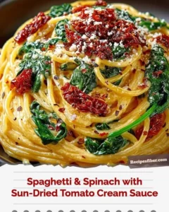 Spaghetti spinach with sun-dried tomato cream sauce on a plate