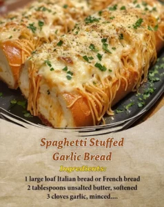 Spaghetti stuffed garlic bread with melted cheese and parsley garnish